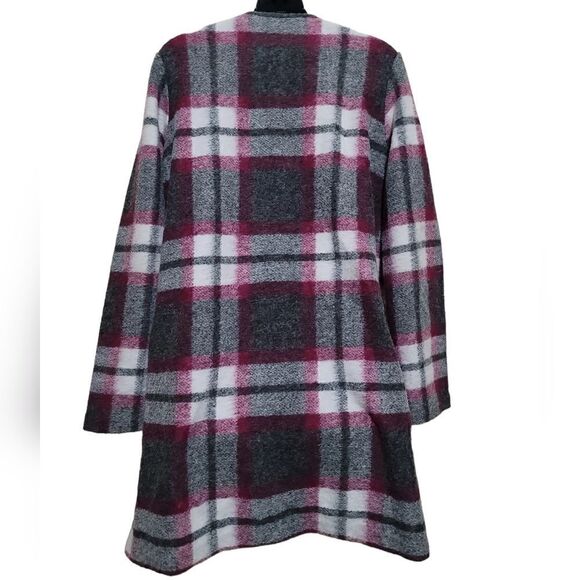 Max Studio Gray Red White Open Front Plaid Coat Woolblend Sz Large - Picture 5 of 7
